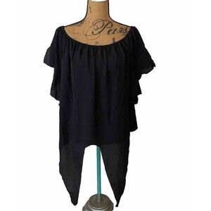 LuckyMore Women's Off The Shoulder 3/4 Bell Sleeve Tie Knot Shirt Black Size 2XL